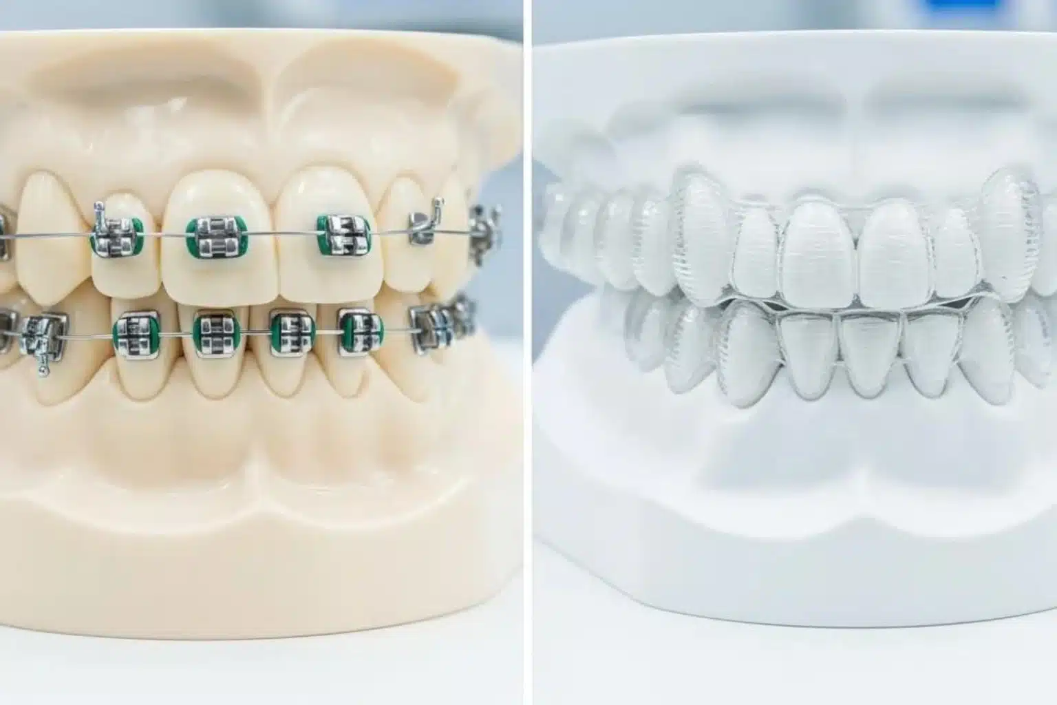 Dental model showing comparison of braces and clear aligners for orthodontic treatment effectiveness